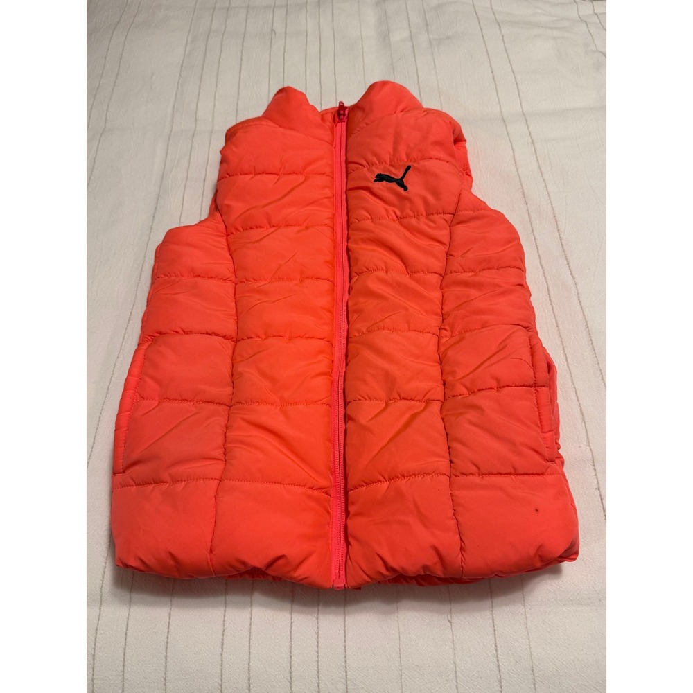 Puma Kids Neon Orange Puffer Vest Full Zip Sleeveless Jacket Size S 7/8